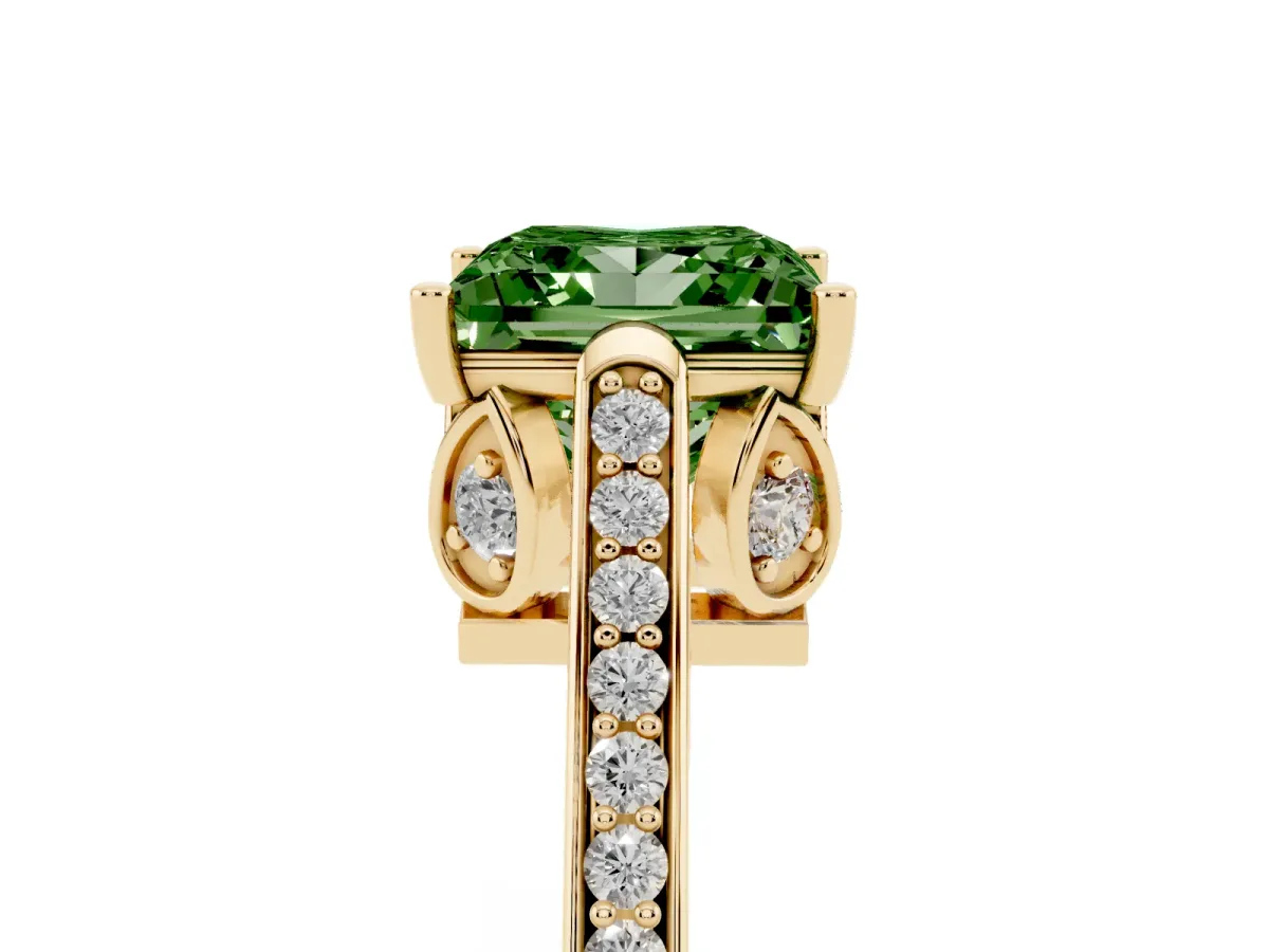 Fancy Green Princess Cut Cut Cathedral Pave Diamond Engagement Ring with Six-Prong Setting Yellow gold
