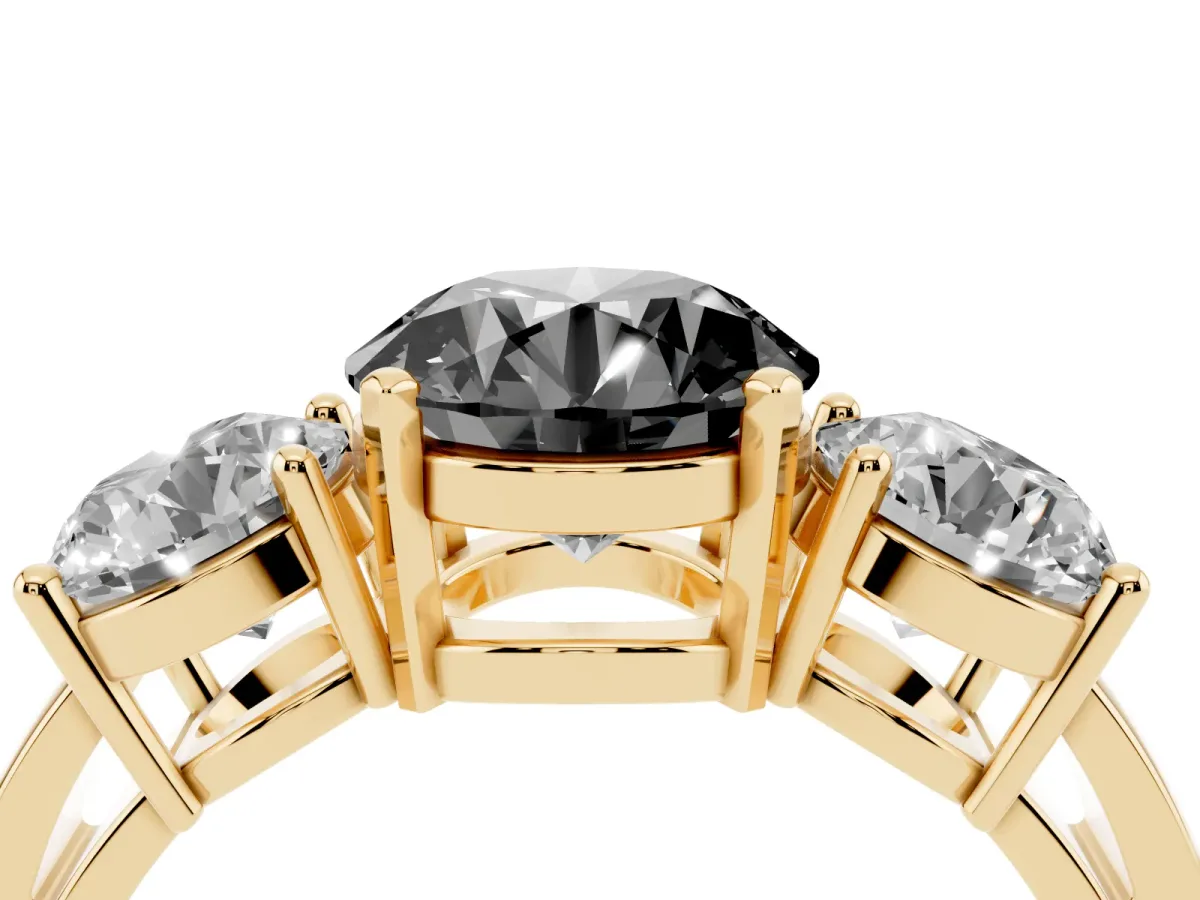 Fancy Black Three-Stone Round Cut Diamond Ring with Round Side Stones, Classic Band, and Four-Prong Setting Yellow gold