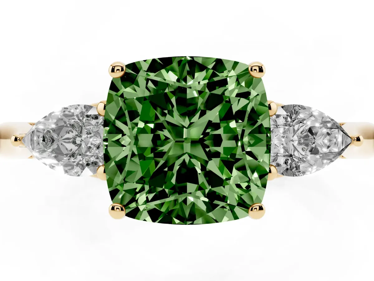 Fancy Green Cushion Cut Diamond Three-Stone Ring with Pear Side Stones and Prong Setting Yellow gold