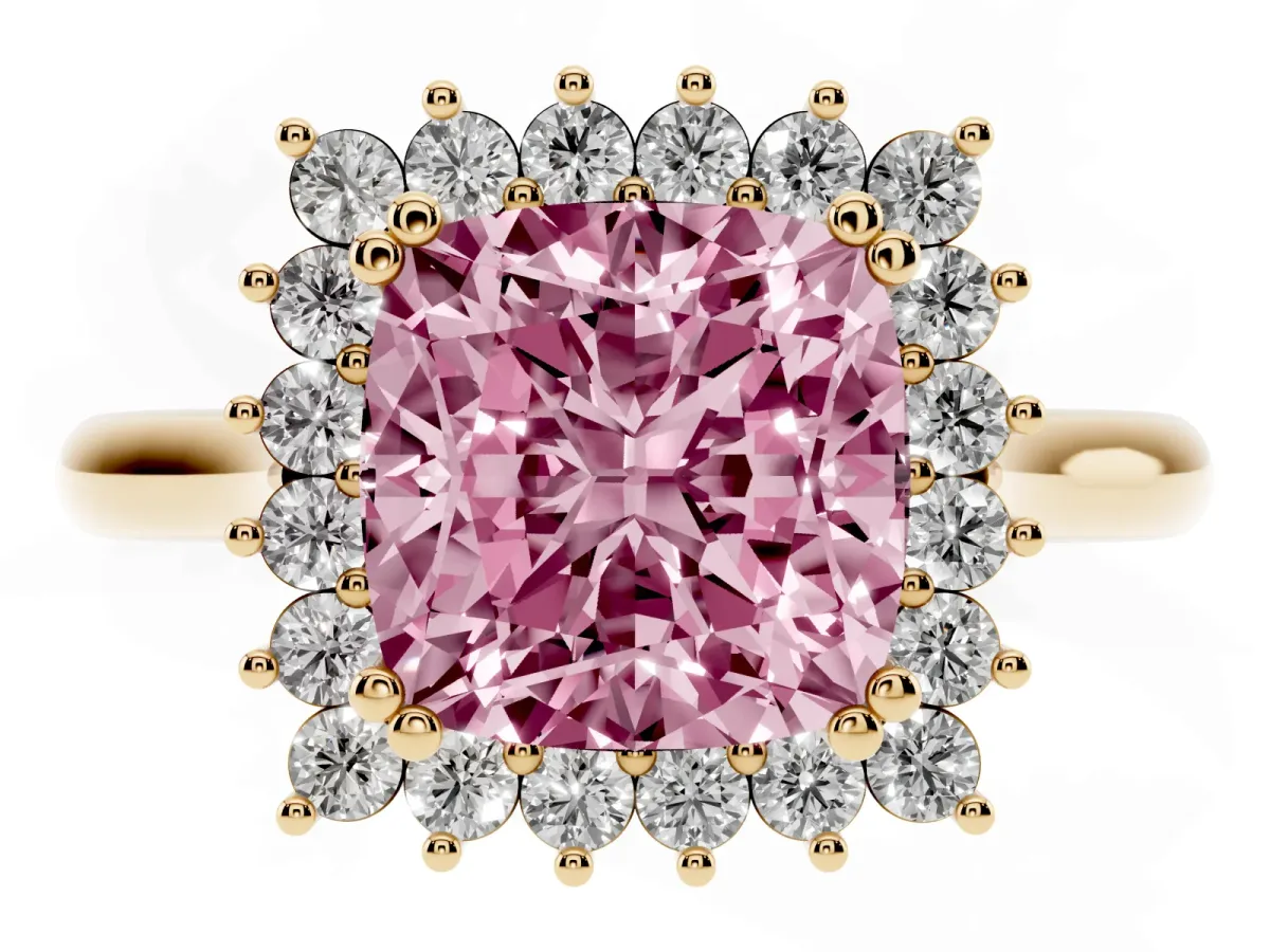 Fancy Pink Cushion Cut Cut Diamond Halo Ring with Solitaire Band and Prong Setting Yellow gold