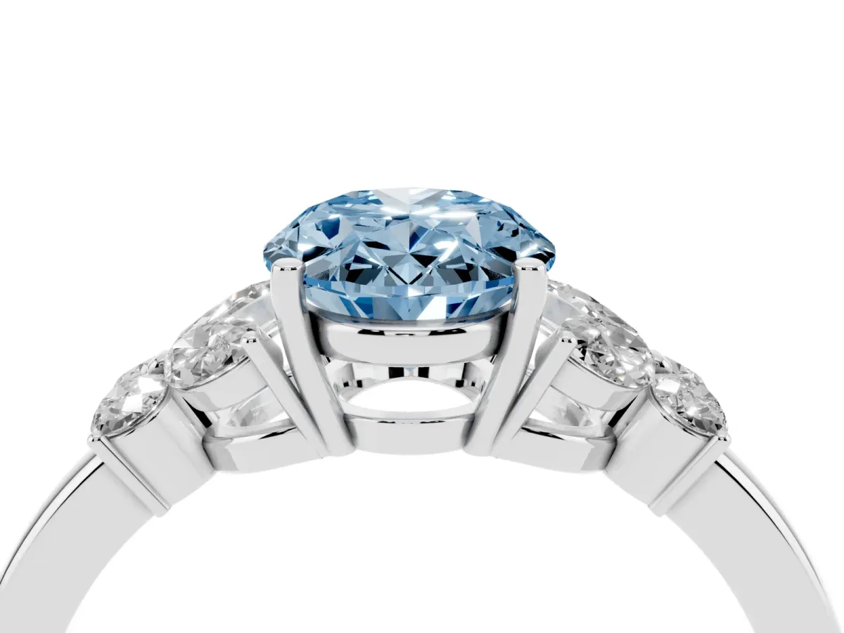Fancy Blue Oval Cut Cut Solitaire Floral Diamond Ring with Four-Prong Setting Silver