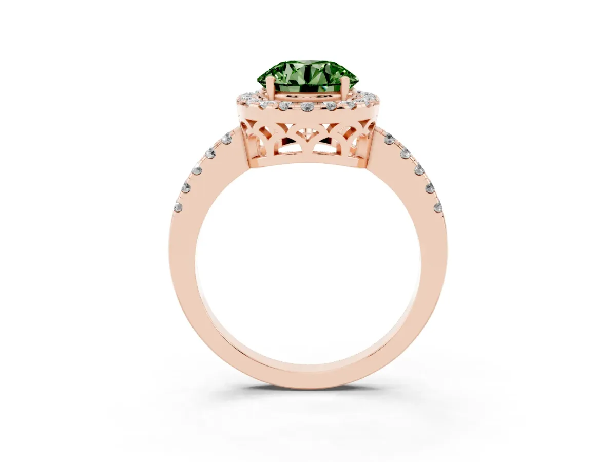 Fancy Green Round Cut Halo Diamond Engagement Ring with Pavé Band and Four-Prong Setting Rose gold