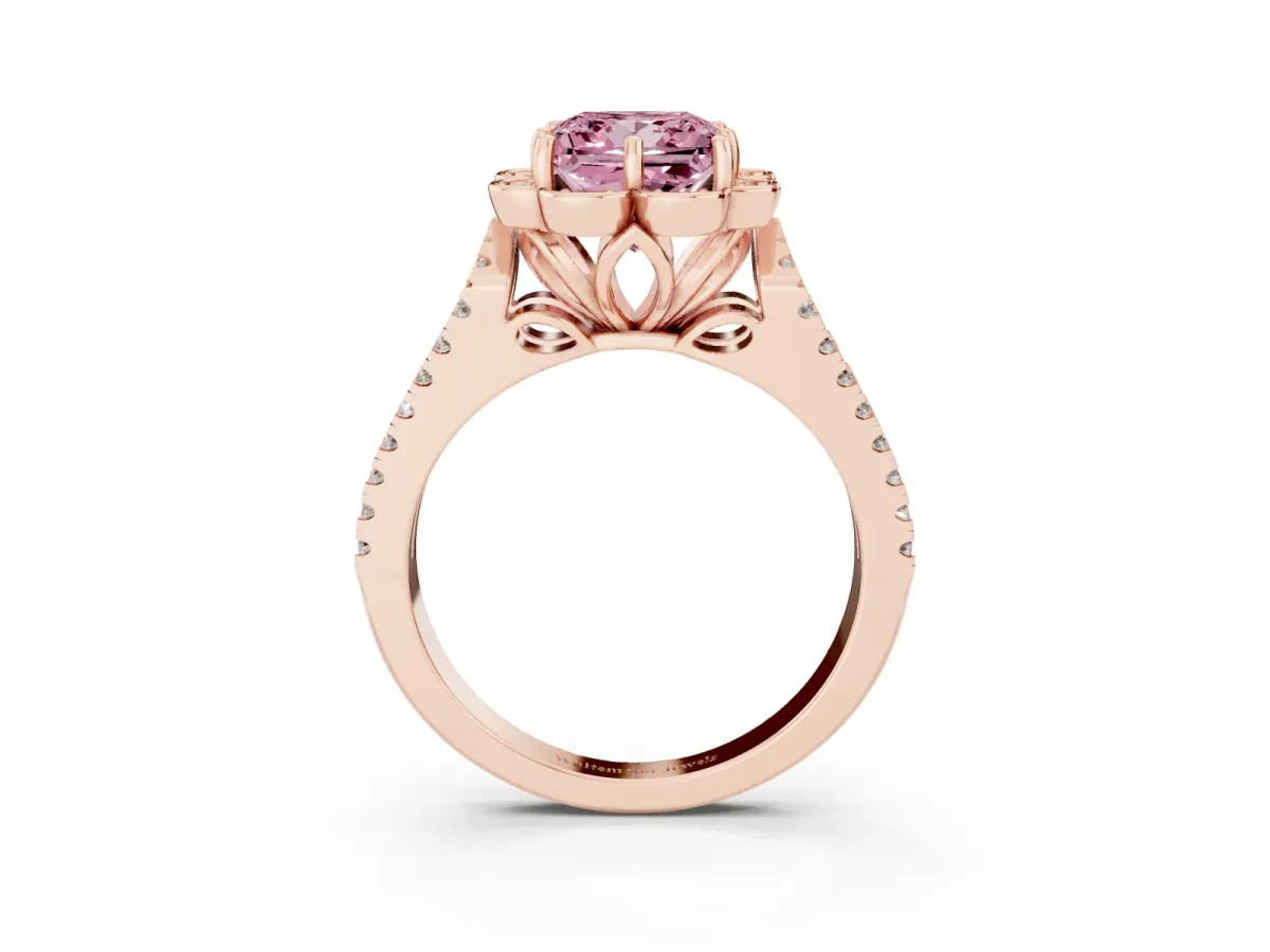 Fancy Pink Princess Cut Halo Diamond Floral Split Shank Engagement Ring Rose gold