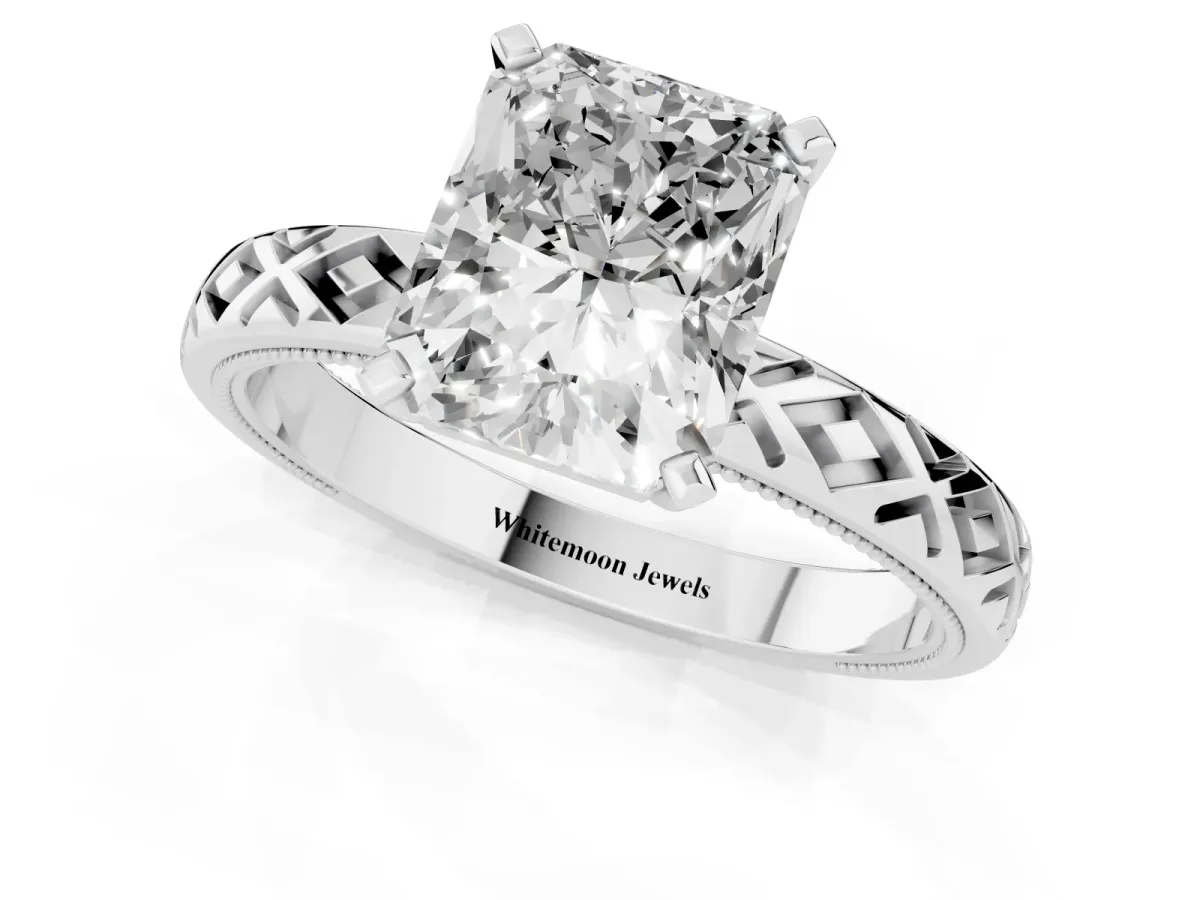 Radiant Cut Solitaire Diamond Ring with Milgrain and Black Enamel X Pattern Band Silver