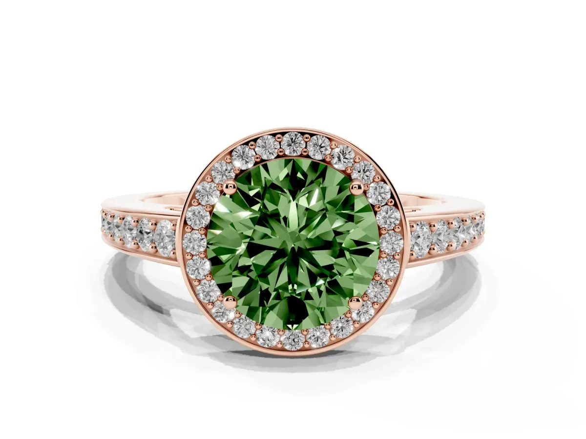 Fancy Green Round Cut Halo Pavé Diamond Engagement Ring with Bezel Setting Rose gold