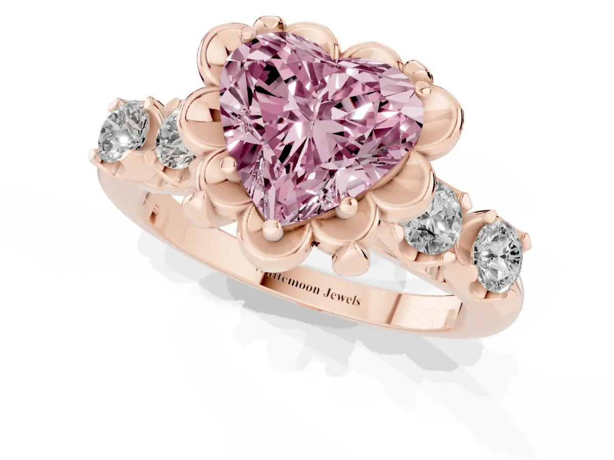 Fancy Pink Heart Cut Cut Diamond Floral Halo Engagement Ring with Shared Prong Setting Rose gold