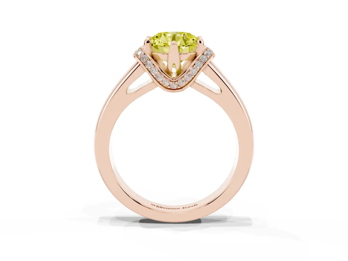 Fancy Yellow Round Cut Solitaire Diamond Ring with Pave Band and Six-Prong Setting Rose gold