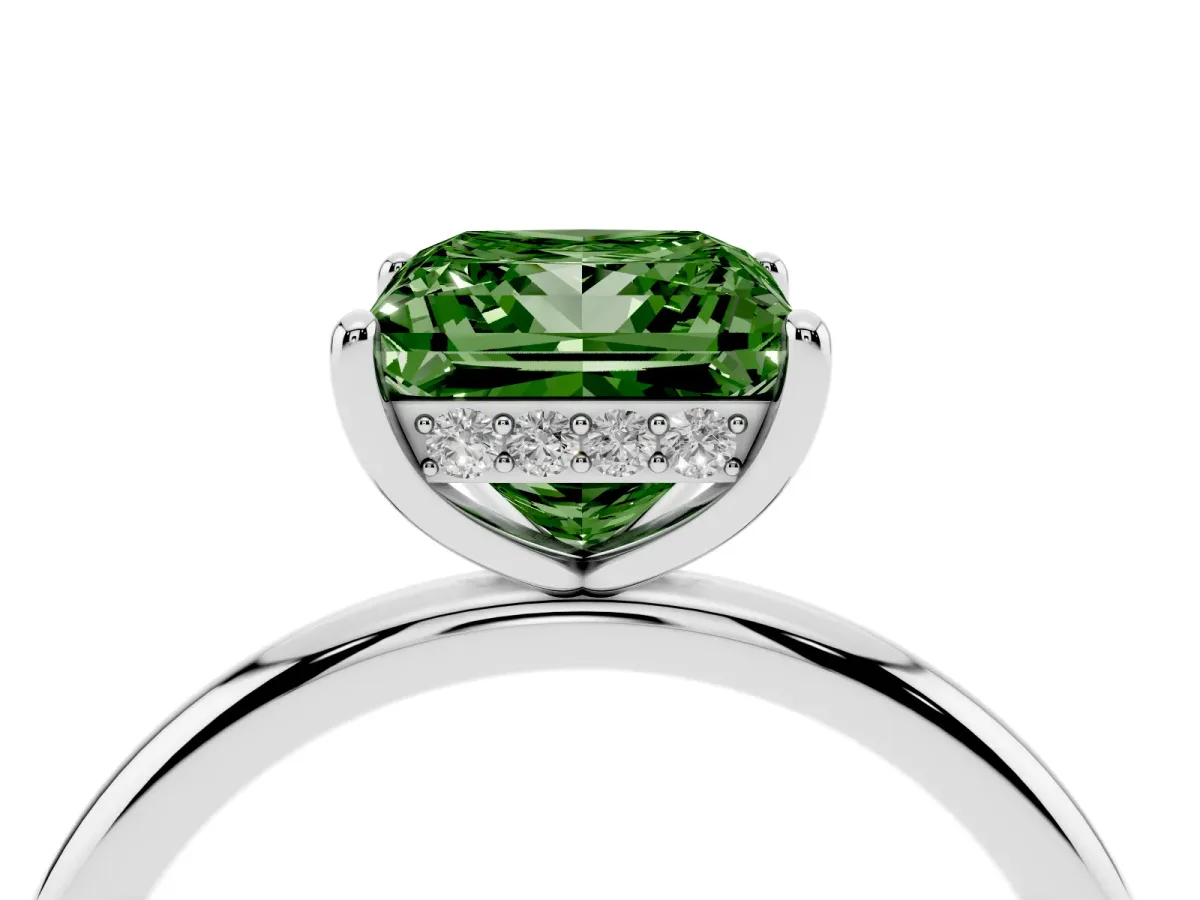 Fancy Green Princess Cut Solitaire Diamond Ring with a Classic Band and Four-Prong Setting Silver