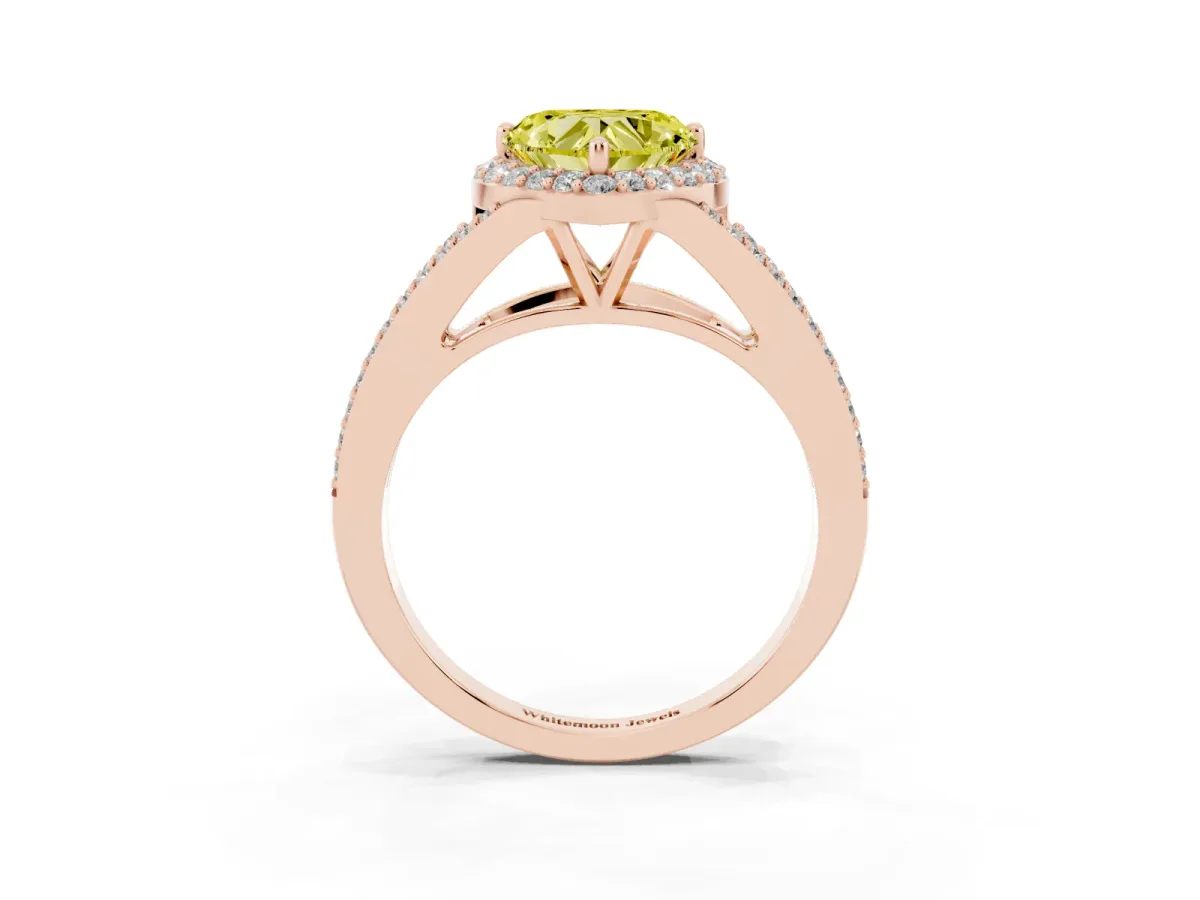 Fancy Yellow Heart Cut Halo Split Shank Pave Diamond Ring with Four-Prong Setting Rose gold