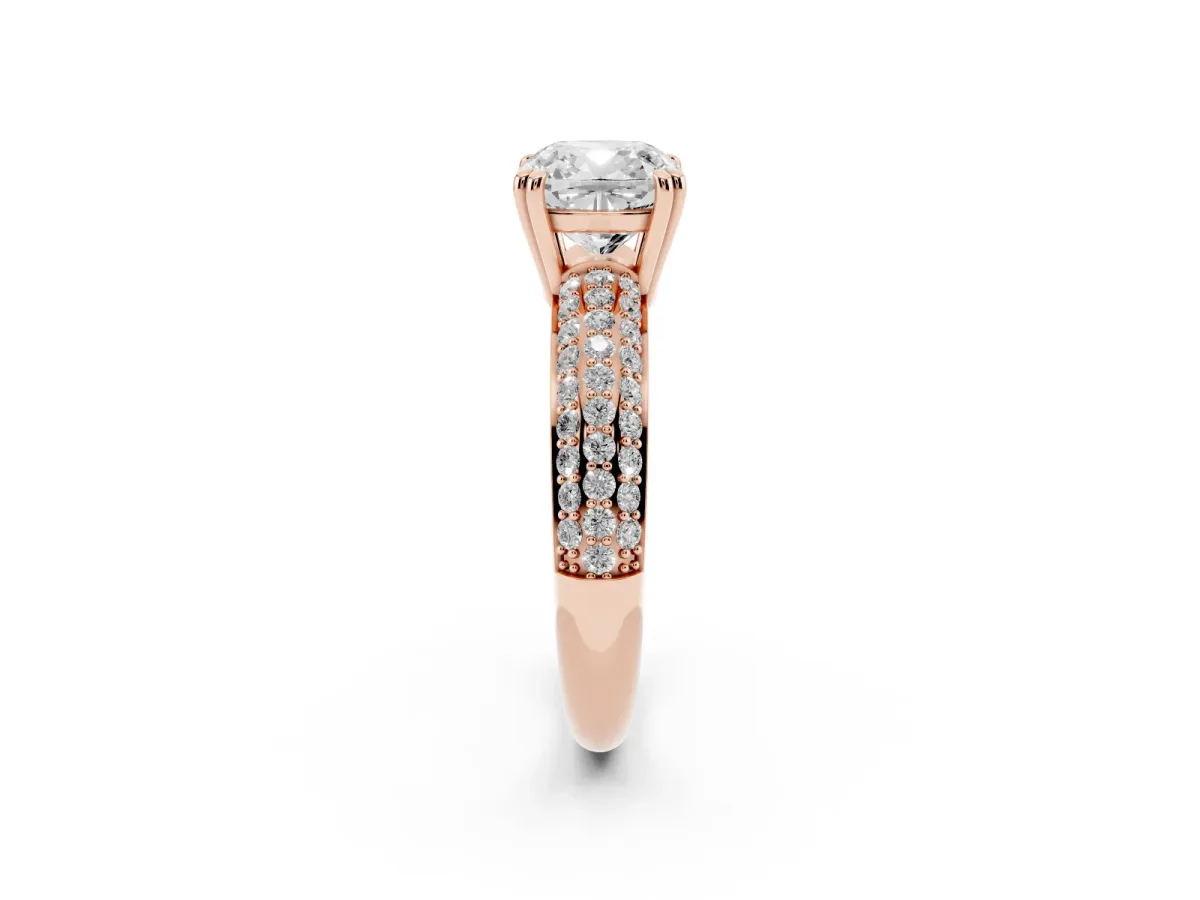 Cushion Cut Diamond Solitaire Ring with Multi-Row Round Pavé Band and Prong Setting Rose gold