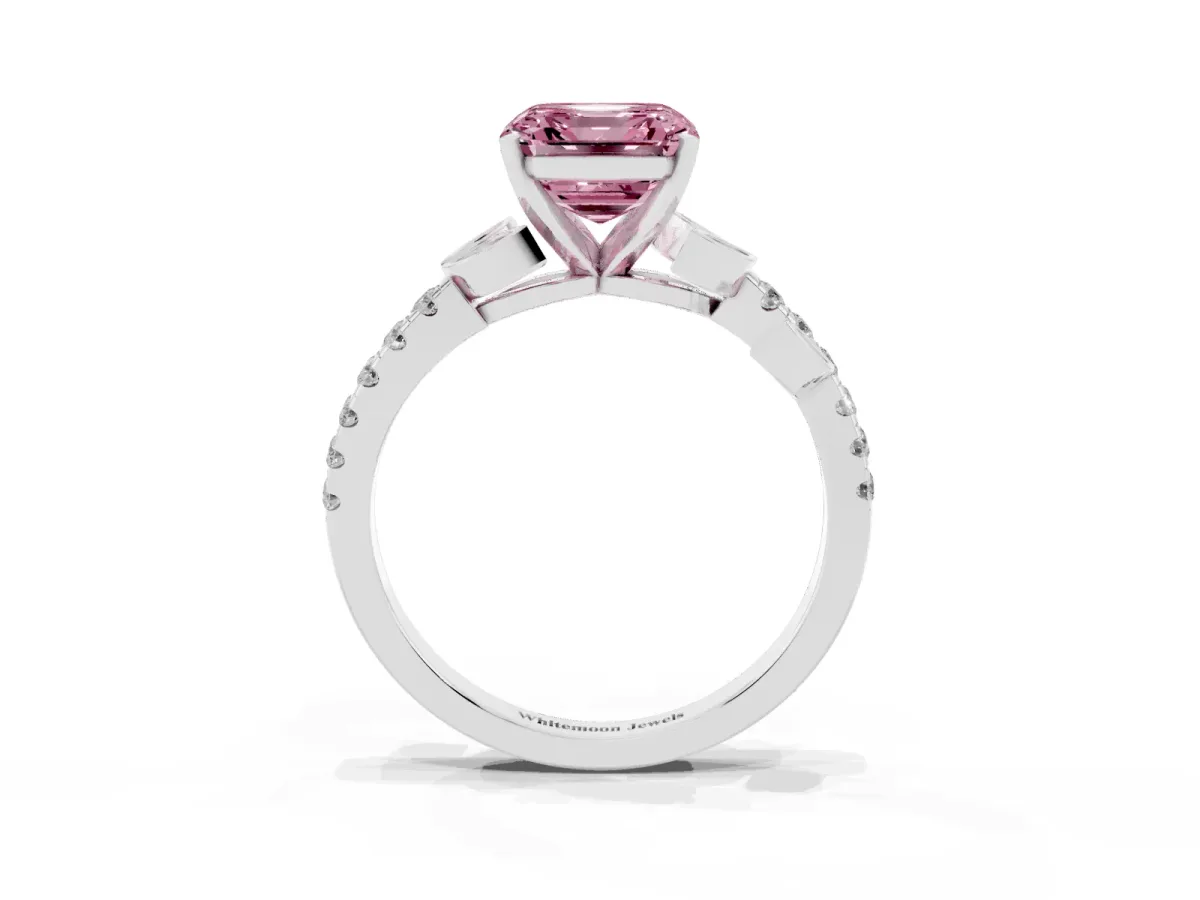Fancy Pink Asscher Cut Solitaire Leaf-Inspired Diamond Ring with Pavé Band and Four-Prong Setting Silver