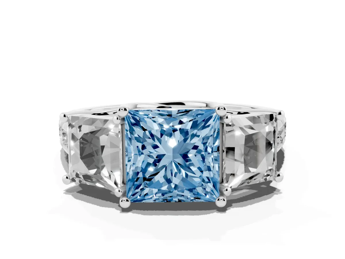 Fancy Blue Three-Stone Princess Cut Diamond Pavé Band with Prong Setting Silver