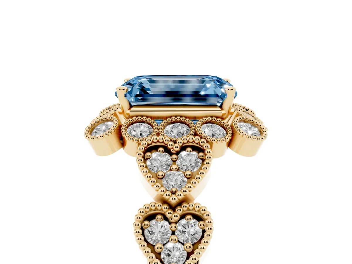 Fancy Blue Emerald Cut Brilliant Milgrain Pave Heart Band Solitaire Ring Yellow gold