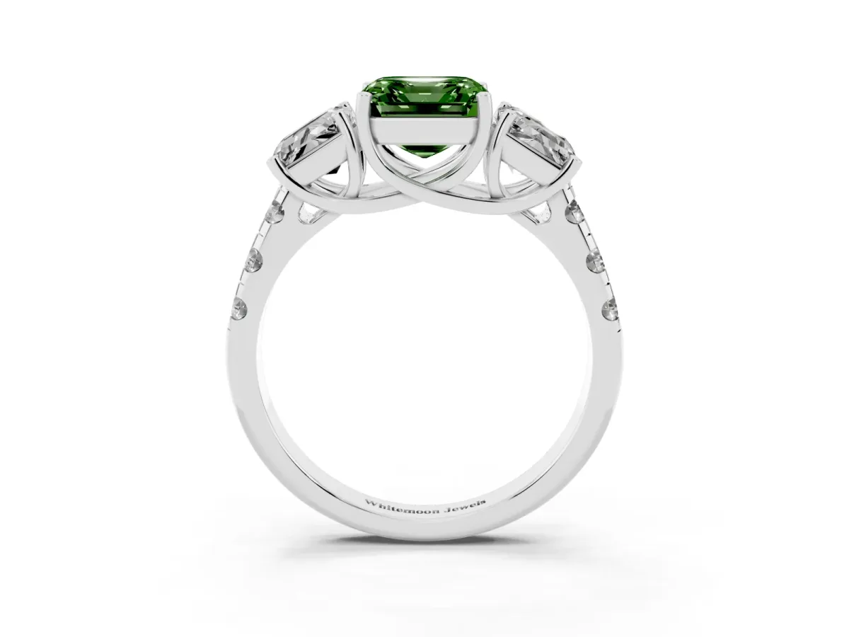 Fancy Green Three-Stone Asscher Cut Diamond Pavé Band with Prong Setting Platinum