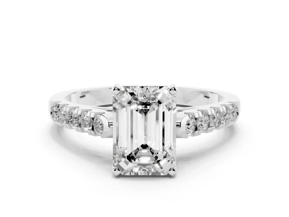 Emerald Cut Diamond Pavé Band Solitaire Ring with Prong Setting Silver