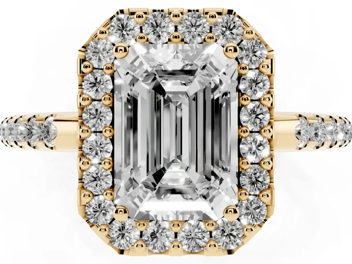 Emerald Cut Diamond Pavé Halo Ring with Four-Prong Setting Yellow gold