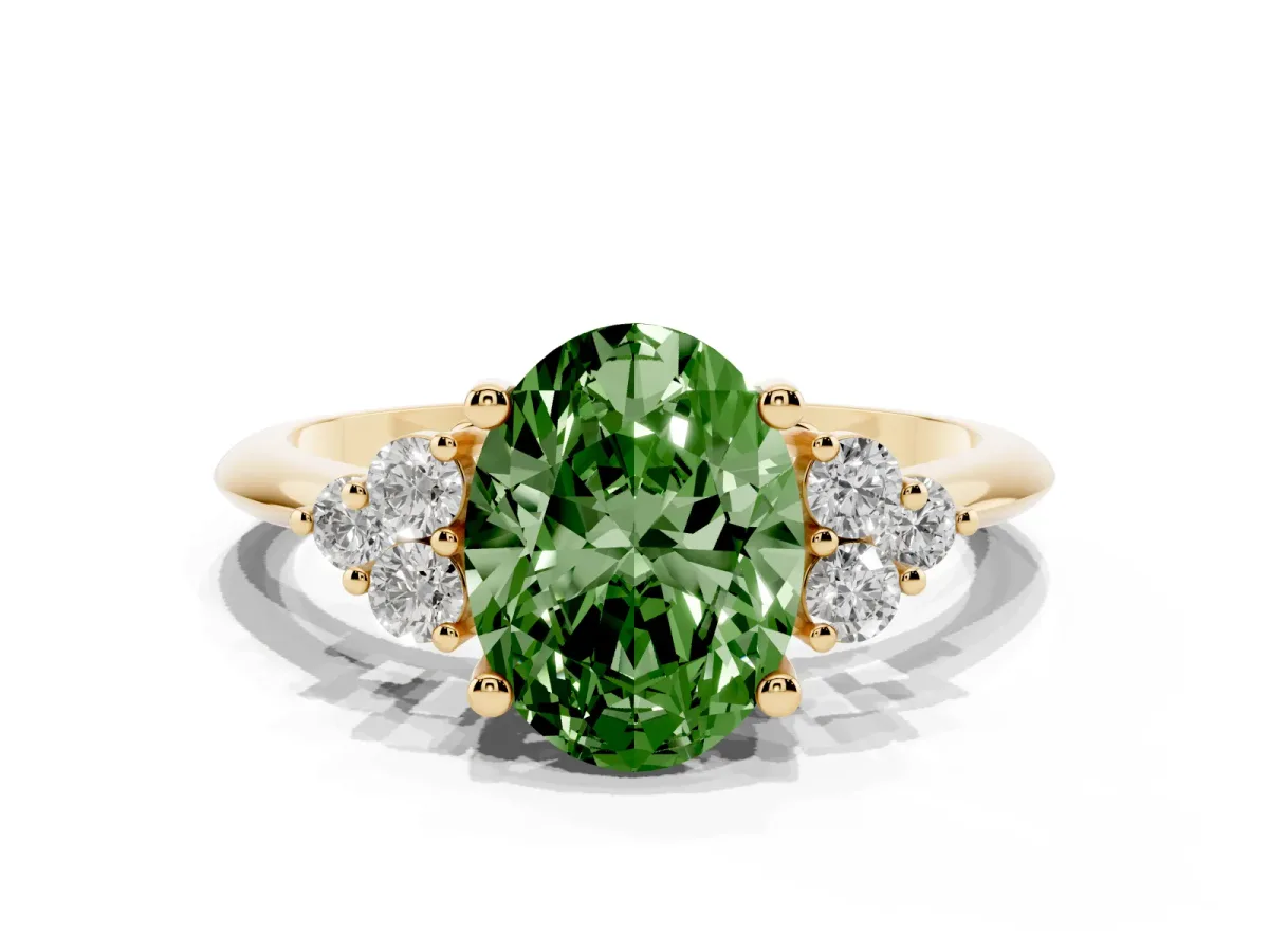 Fancy Green Oval Cut Cut Diamond Cluster Ring with Solitaire Band and Four-Prong Setting Yellow gold