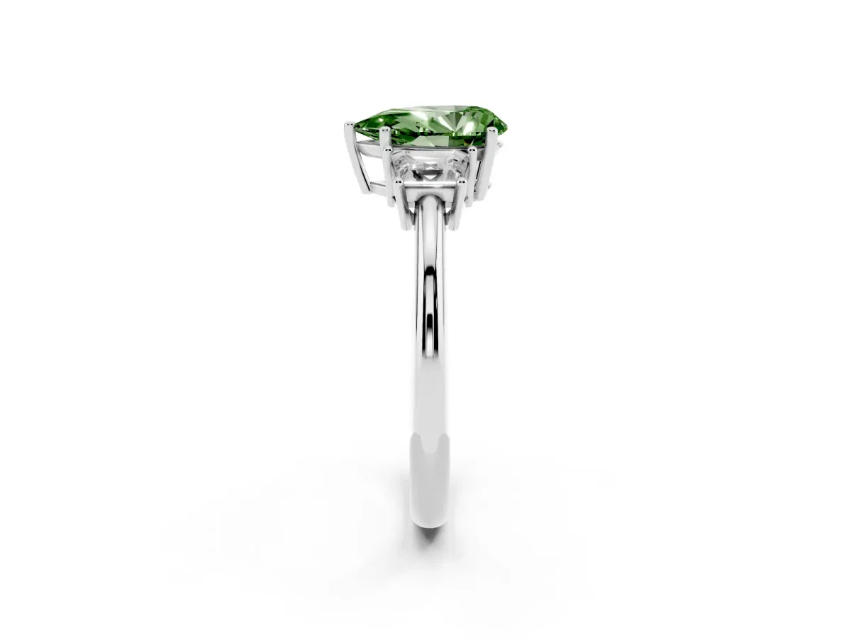 Fancy Green Pear Cut Diamond Three-Stone Ring with Trapezoid Side Stones and Prong Setting Silver
