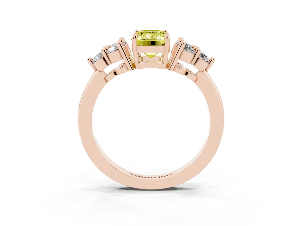 Fancy Yellow Emerald Cut Brilliant Diamond Cluster Accent Solitaire Ring with Prong Setting Rose gold