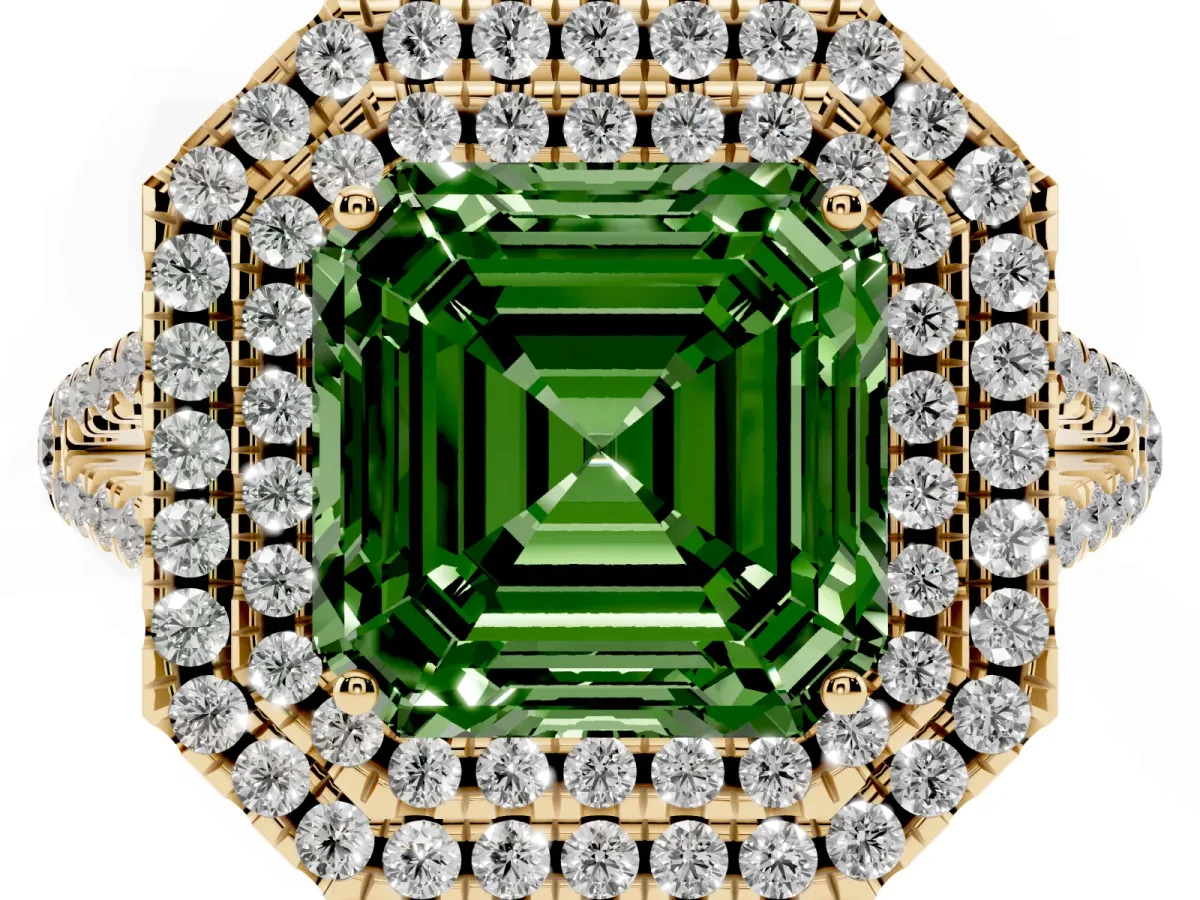 Fancy Green Asscher Cut Diamond Double Halo Ring with Pavé Band and Prong Setting Yellow gold