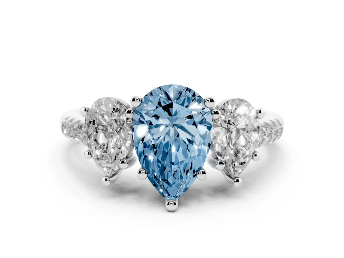 Fancy Blue Three-Stone Pear Cut Diamond Ring with Round Pavé Band and Prong Setting Silver