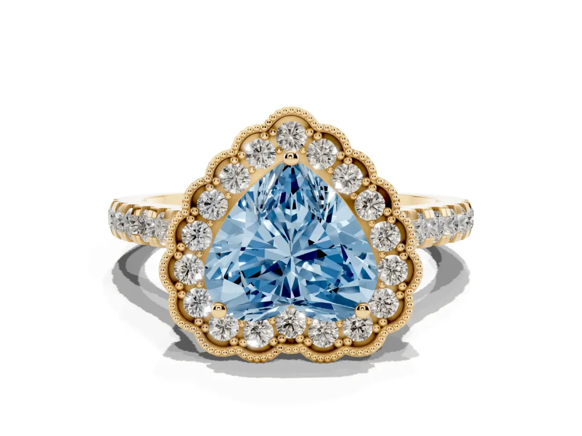 Fancy Blue Heart Cut Cut Diamond Milgrain Floral Halo Engagement Ring with Pavé Band Yellow gold