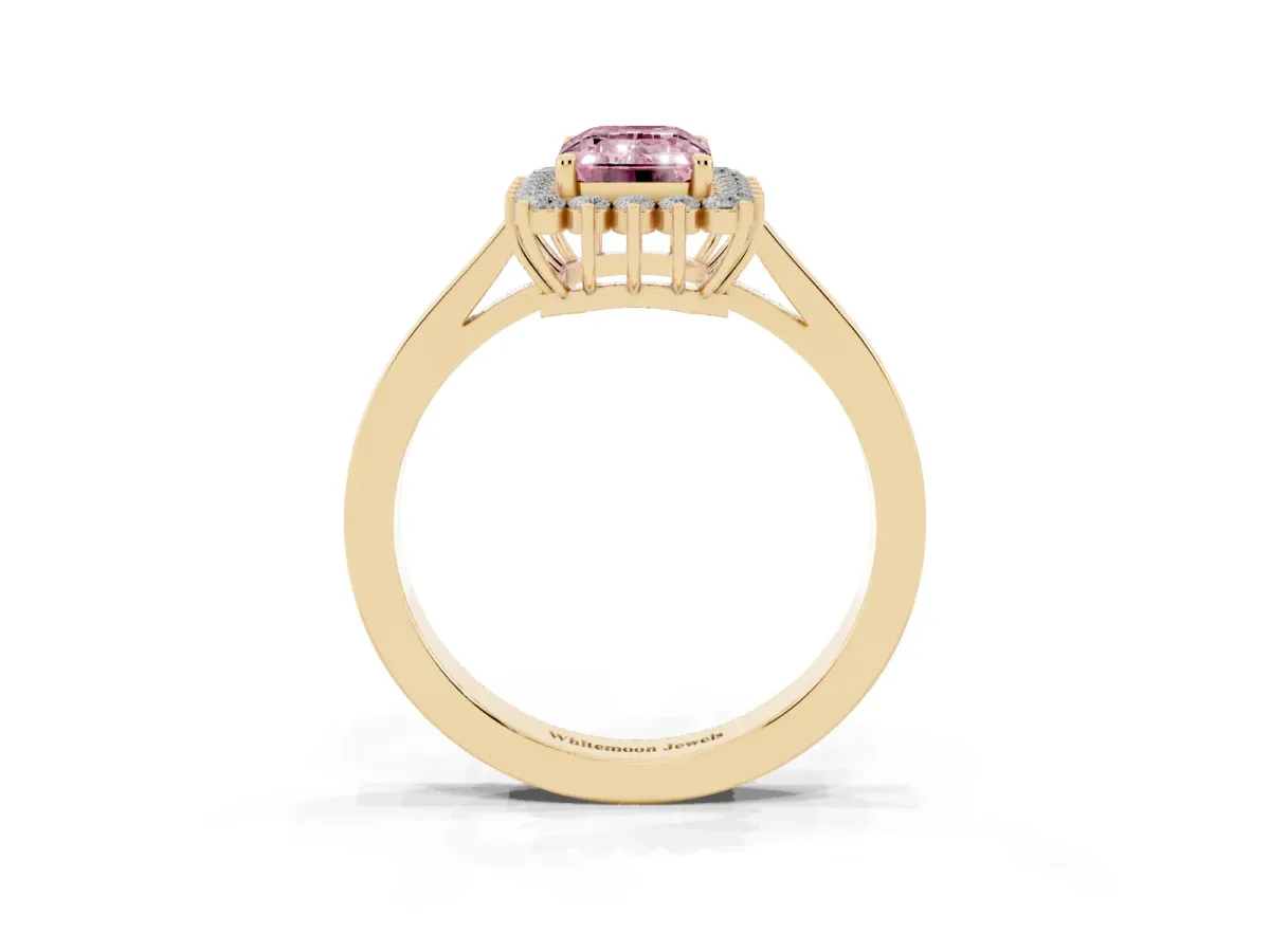 Fancy Pink Emerald Cut Cut Diamond Halo Ring with Round Brilliant Halo and Solitaire Band Yellow gold
