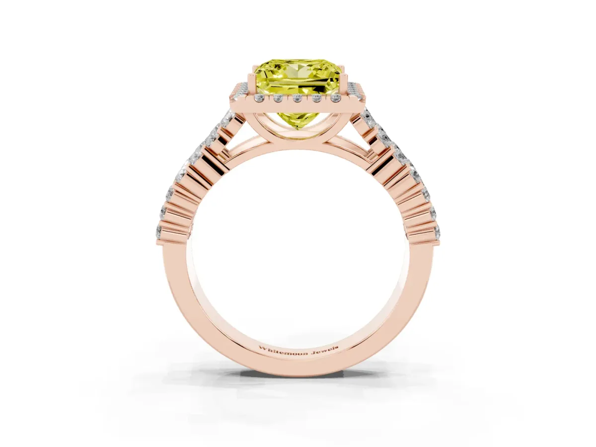 Fancy Yellow Princess Cut Diamond Halo Engagement Ring with Triple Row Round Pavé Band and Prong Setting Rose gold
