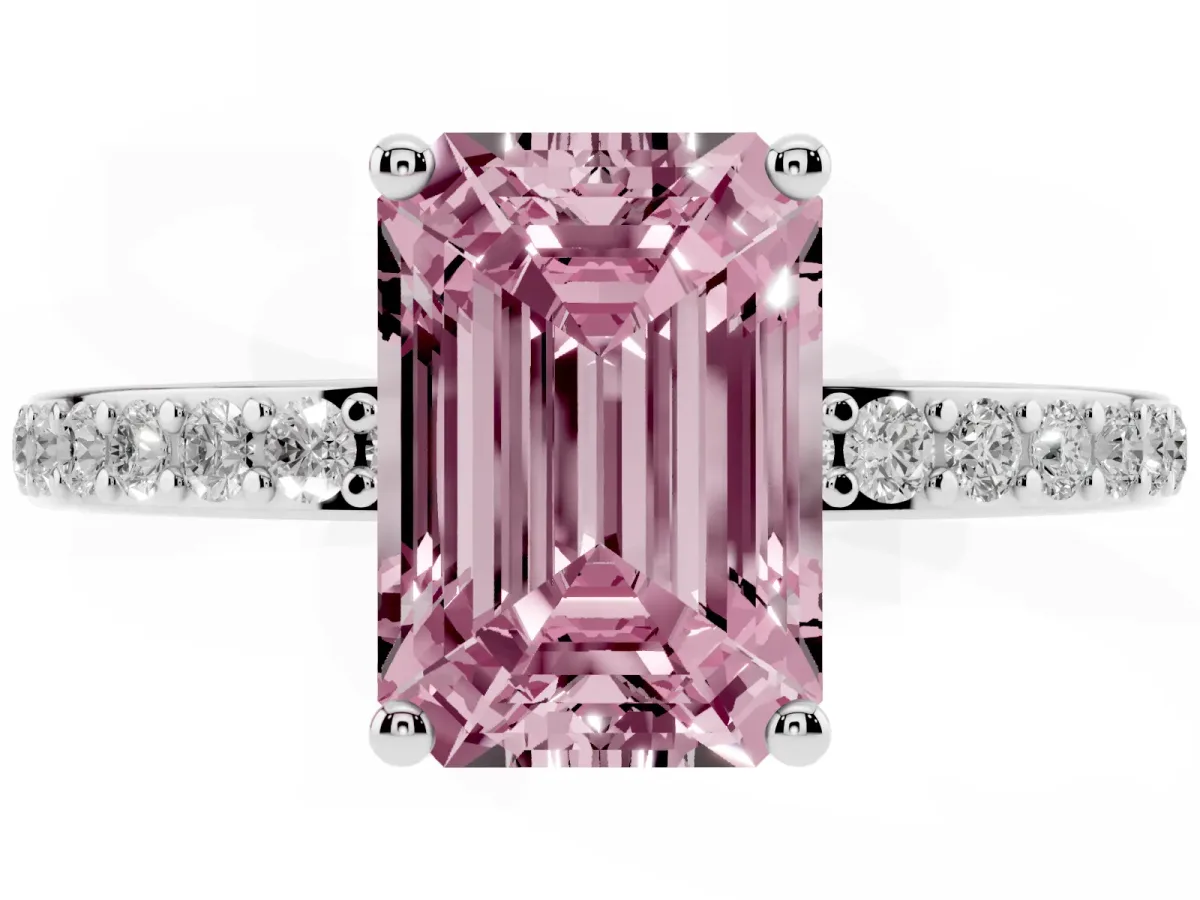 Fancy Pink Emerald Cut Cut Diamond Pavé Band Ring with Four-Prong Setting Silver