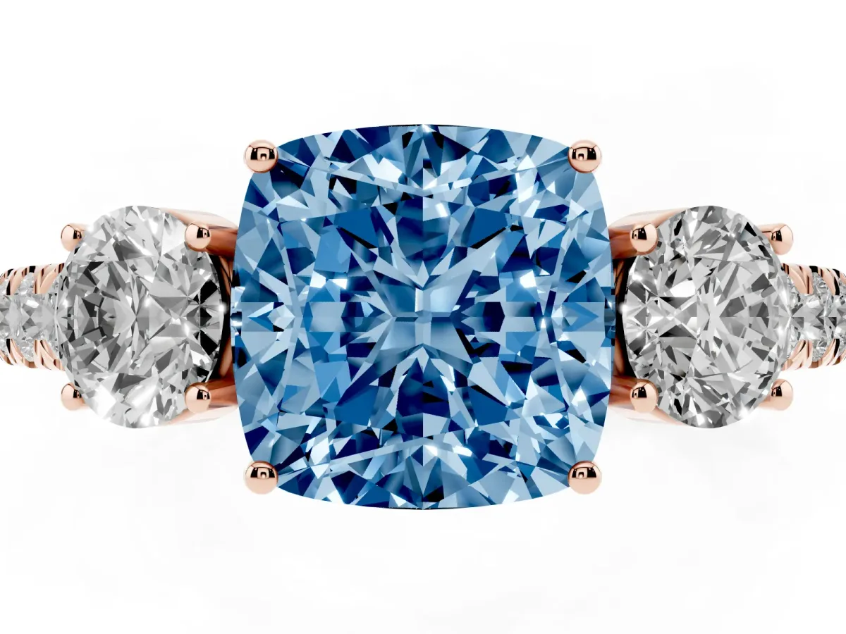 Fancy Blue Cushion Cut Cut Diamond Three-Stone Ring with Round Side Stones and Pavé Band Rose gold