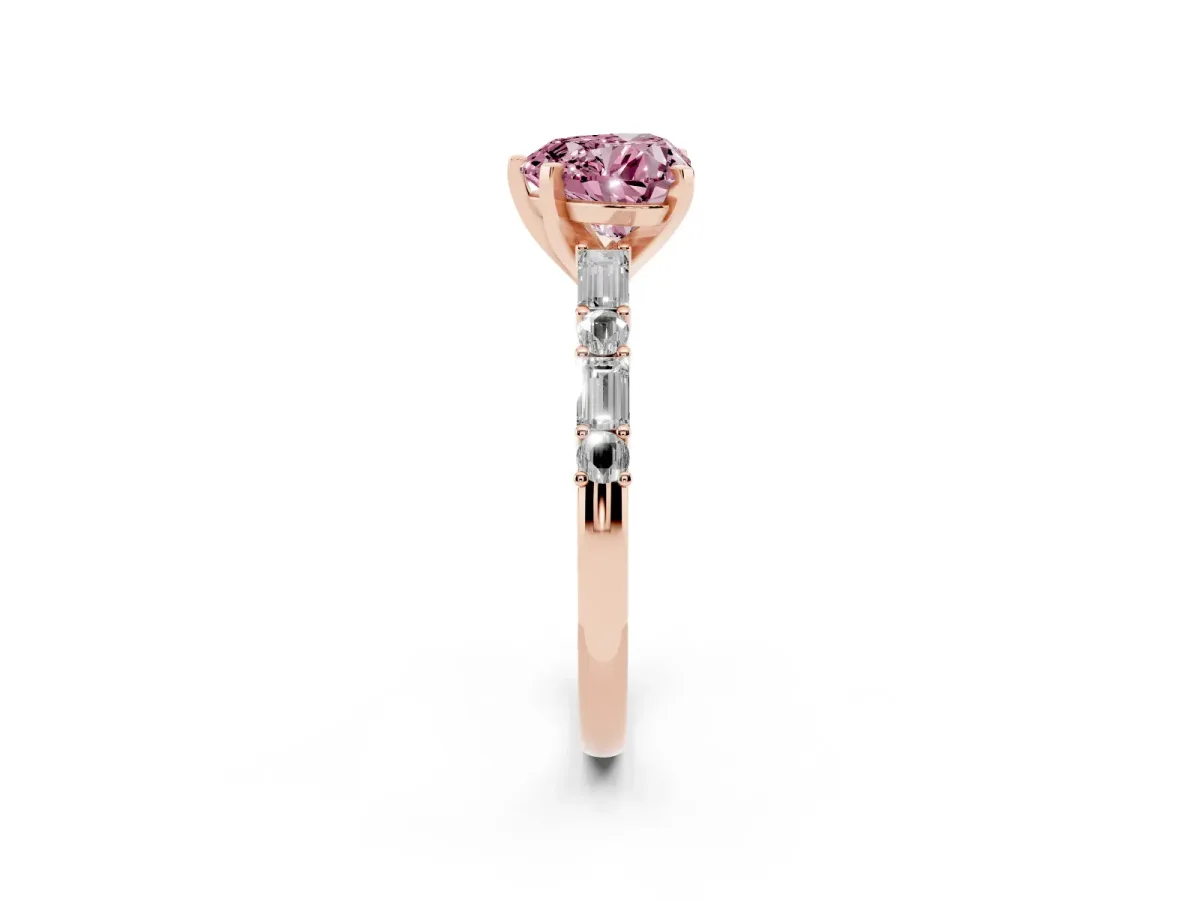 Fancy Pink Heart Cut Diamond Solitaire with Side Baguettes and Channel Set Band Rose gold