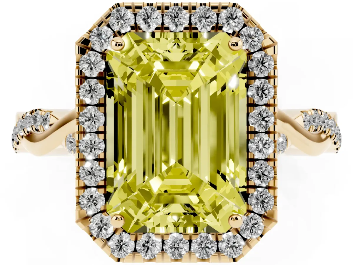 Fancy Yellow Emerald Cut Halo Twist Band Solitaire Ring Yellow gold