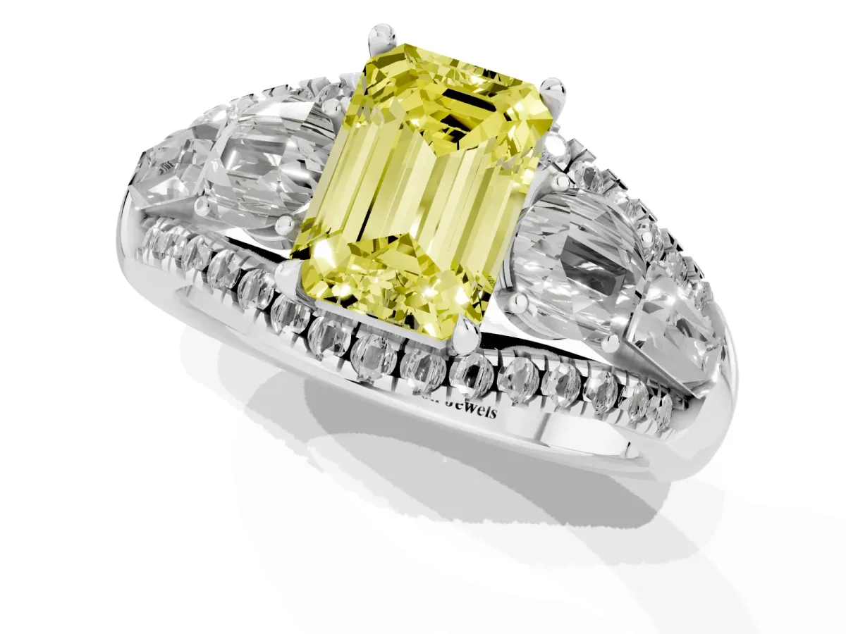 Fancy Yellow Three-Stone Emerald Cut Diamond Engagement Ring with Pave Band and Prong Setting Silver