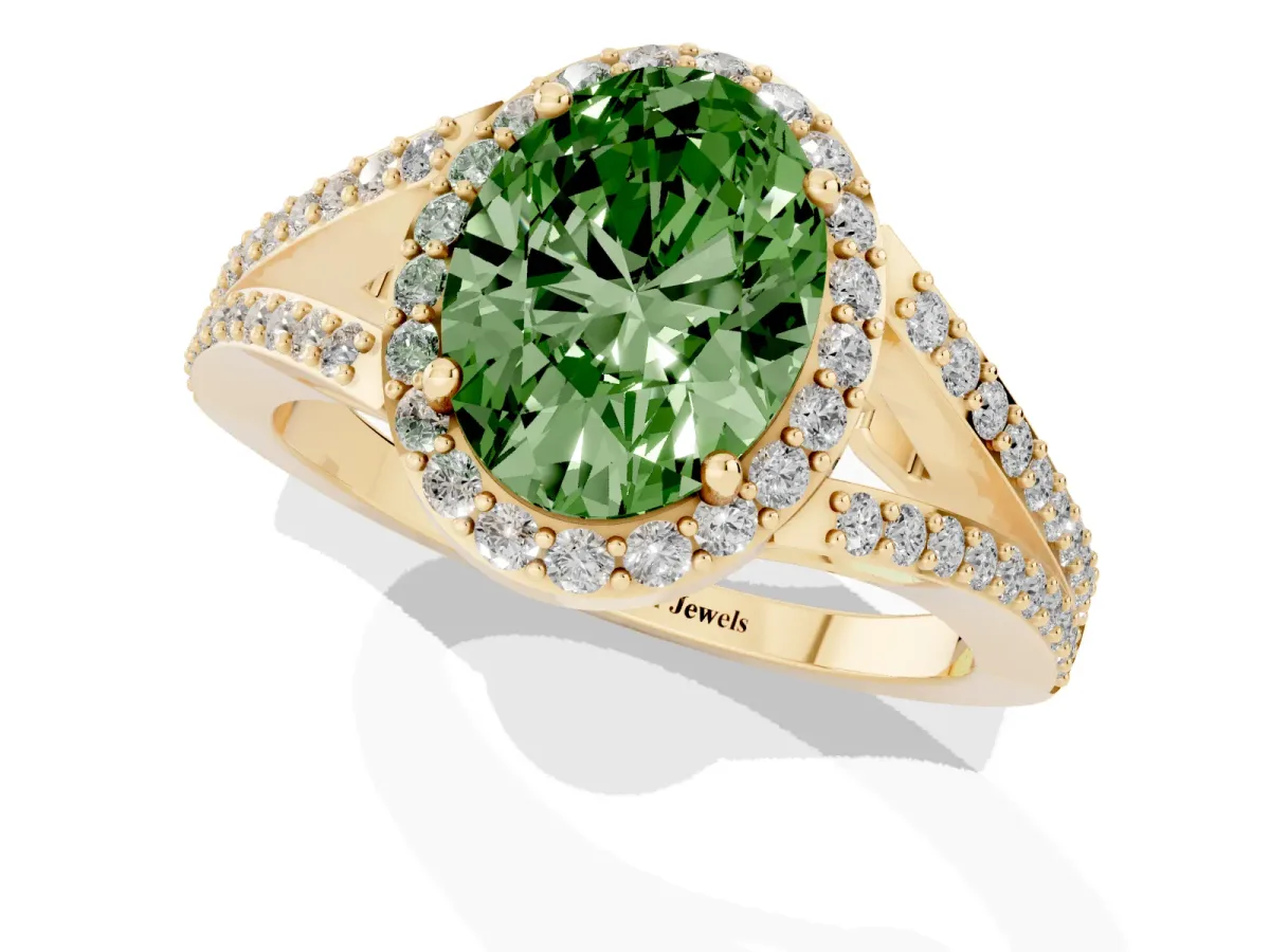 Fancy Green Oval Cut Halo Split Shank Diamond Ring with Prong Setting Yellow gold