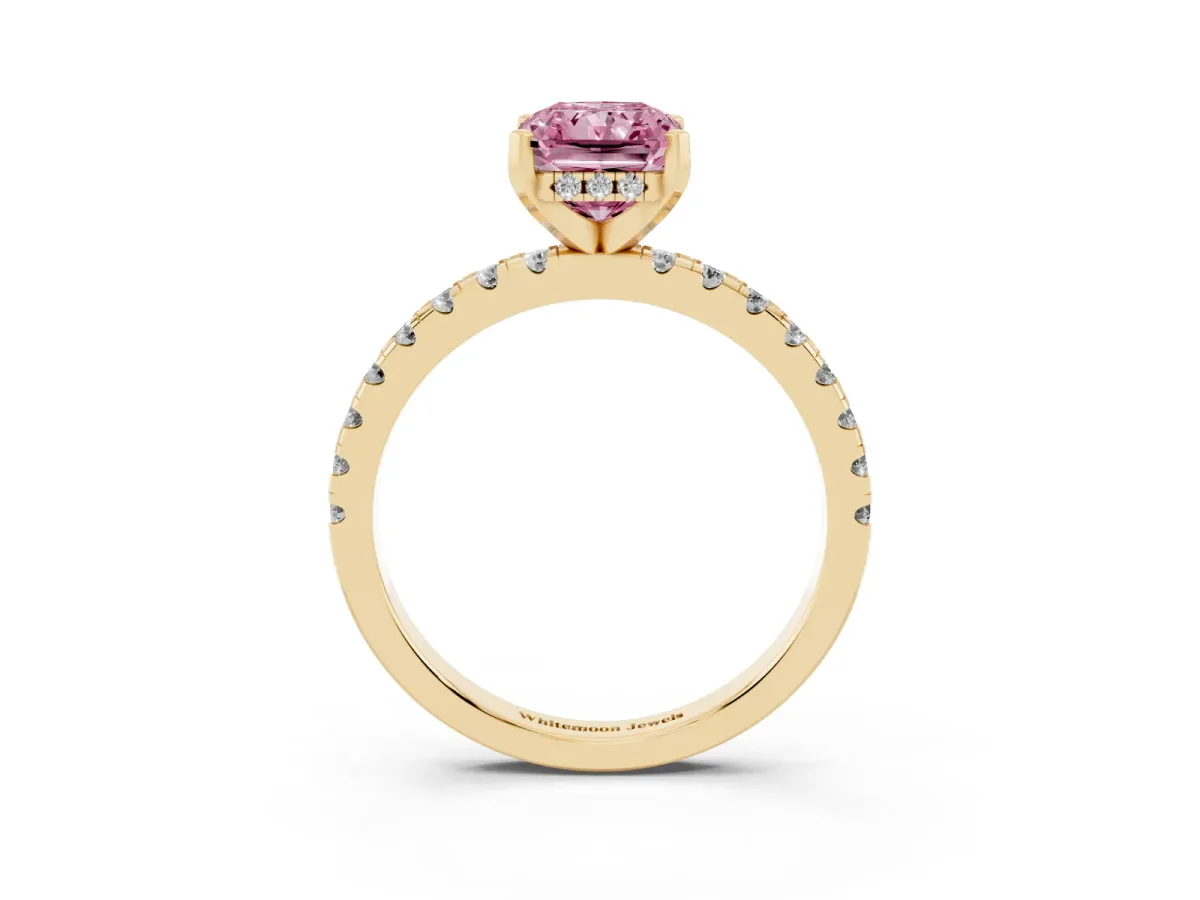 Fancy Pink Radiant Cut Diamond Solitaire Ring with Round Pavé Band and Four-Prong Setting Yellow gold