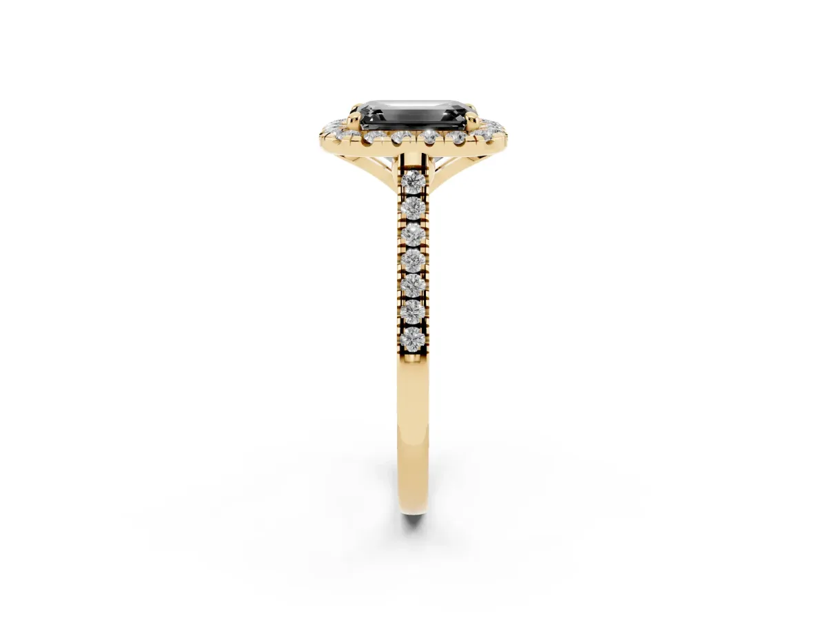 Fancy Black Emerald Cut Diamond Cushion Halo Ring with Pavé Band Yellow gold