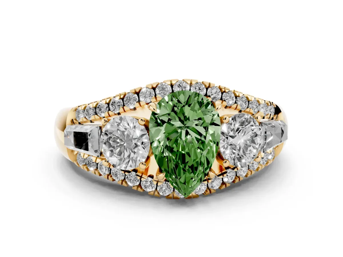 Fancy Green Three-Stone Pear Cut Diamond Engagement Ring with Pave Band and Prong Setting Yellow gold