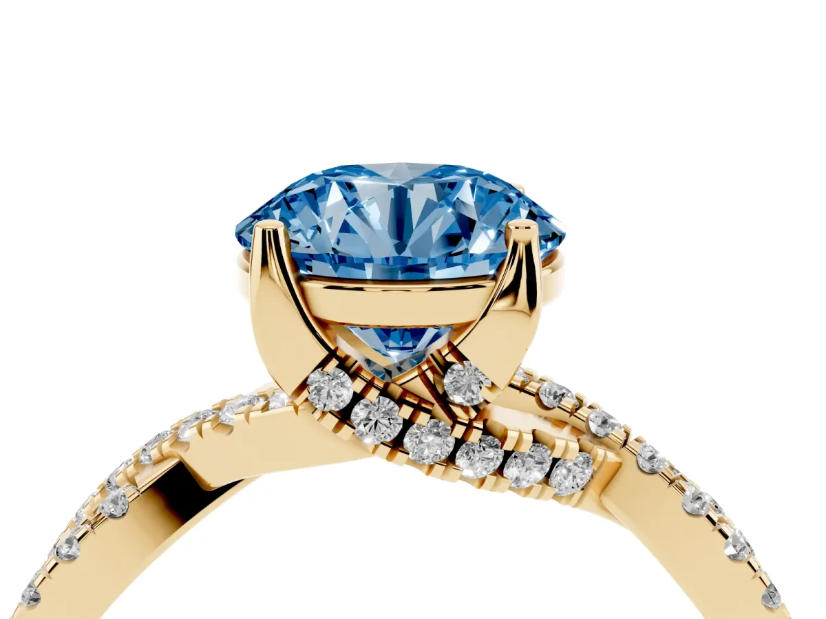 Fancy Blue Round Cut Solitaire Twist Pave Diamond Engagement Ring with Prong Setting Yellow gold