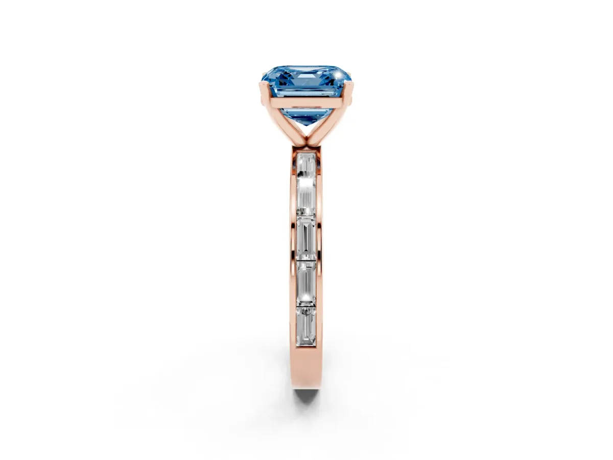 Fancy Blue Asscher Cut Solitaire Diamond Ring with Channel-Set Baguette Band and Four-Prong Setting Rose gold