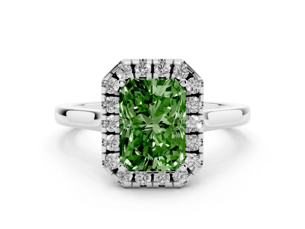 Fancy Green Radiant Cut Halo Round Diamond Solitaire Ring with Pavé Band and Four-Prong Setting Silver