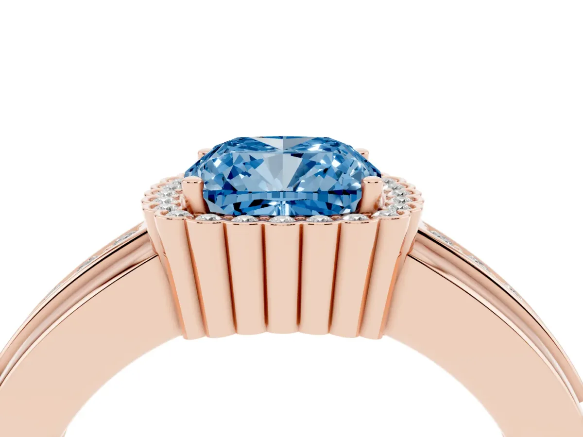 Fancy Blue Cushion Cut Cut Halo Pave Band Four-Prong Ring Rose gold