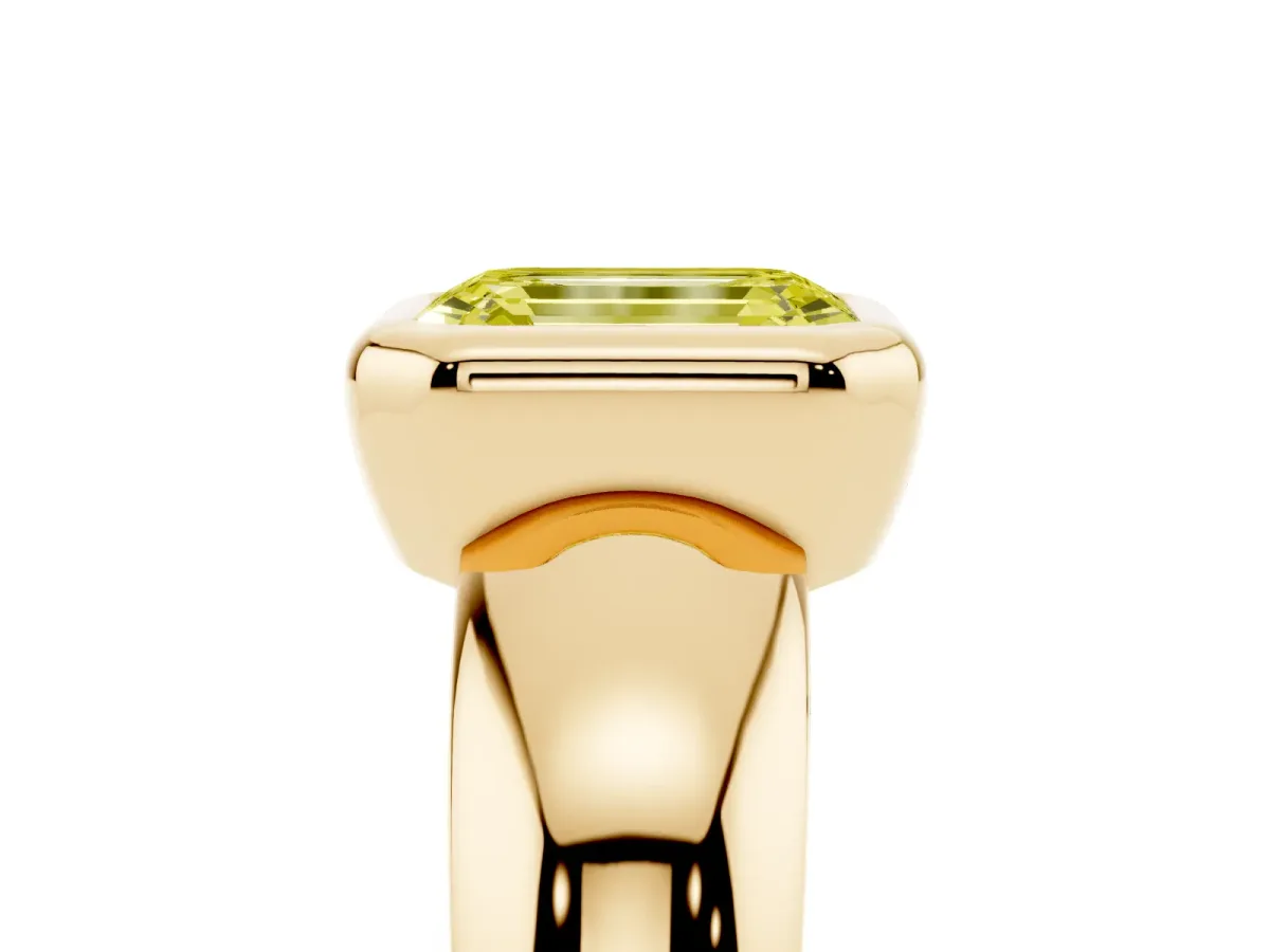 Fancy Yellow Bezel Set Emerald Cut Solitaire Ring with Wide Band Yellow gold