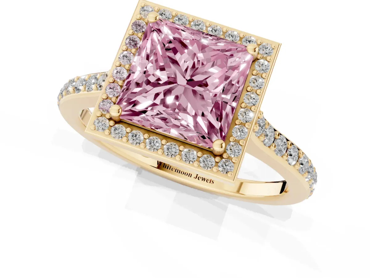 Fancy Pink Princess Cut Diamond Halo Engagement Ring with Round Pavé Shoulders and Prong Setting Yellow gold