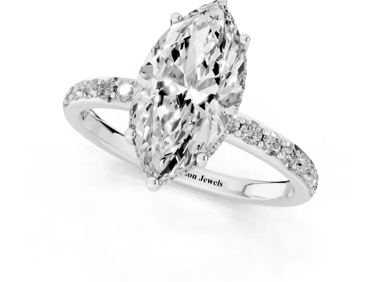 Marquise Cut Diamond Solitaire Ring with Pavé Band and Hidden Halo Silver
