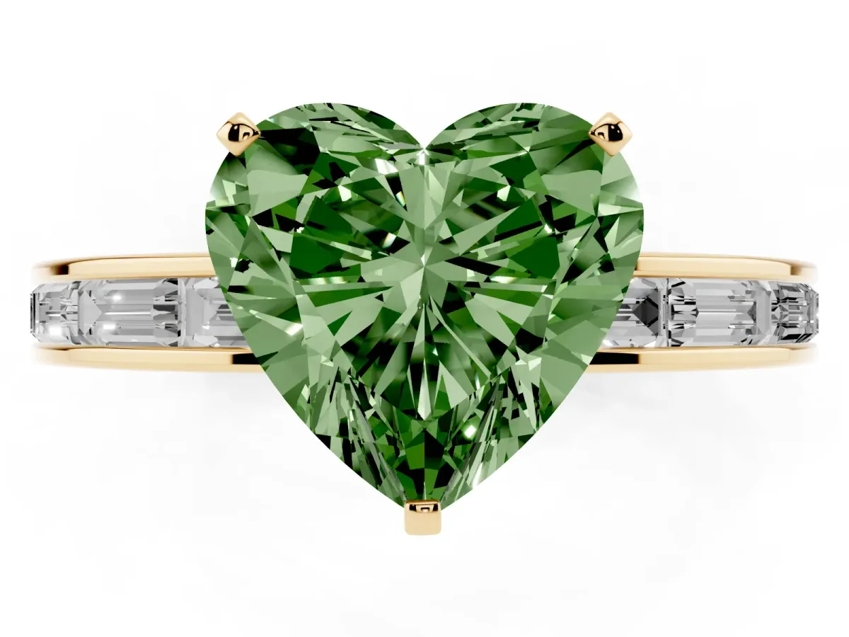 Fancy Green Heart Cut Solitaire Diamond Ring with Channel-Set Baguette Band and Four-Prong Setting Yellow gold