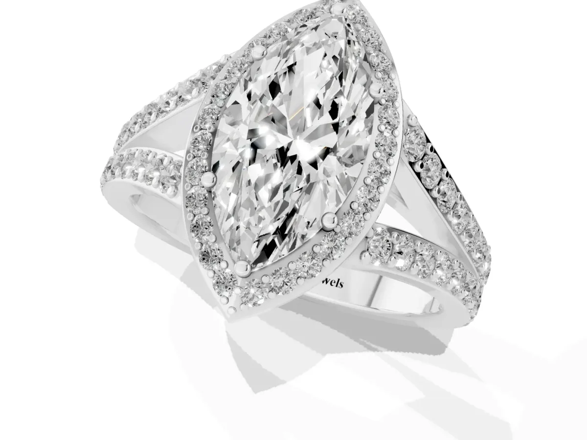 Marquise Cut Diamond Split Shank Halo Ring with Four-Prong Setting Platinum