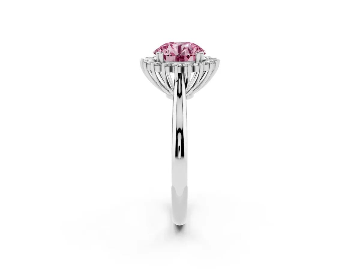 Fancy Pink Round Cut Cut Diamond Halo Ring with Solitaire Band and Prong Setting Platinum