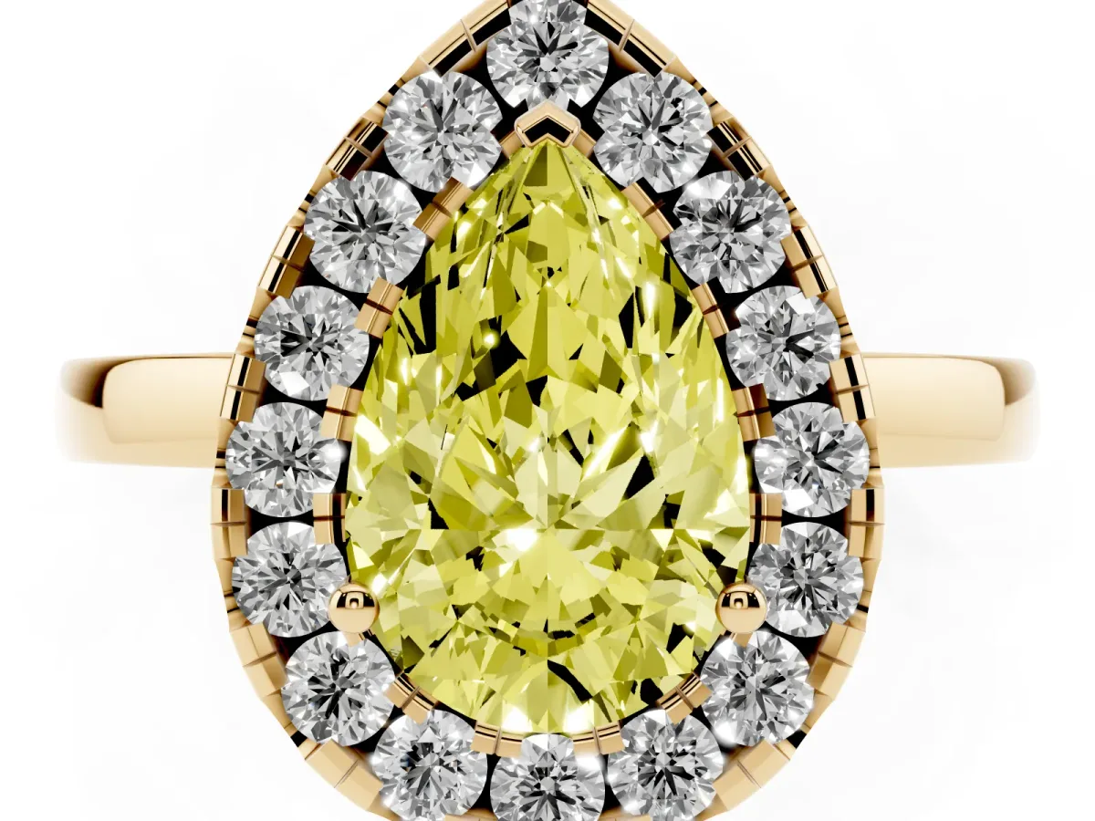 Fancy Yellow Pear Cut Halo Diamond Solitaire with Pavé Band and Four-Prong Setting Yellow gold