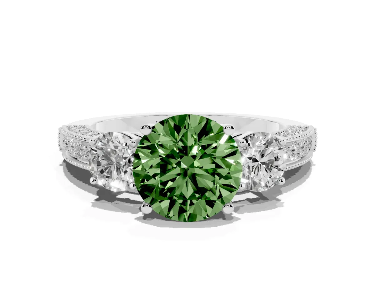 Fancy Green Round Cut Three-Stone Diamond Ring with Pavé Band and Four-Prong Setting Silver