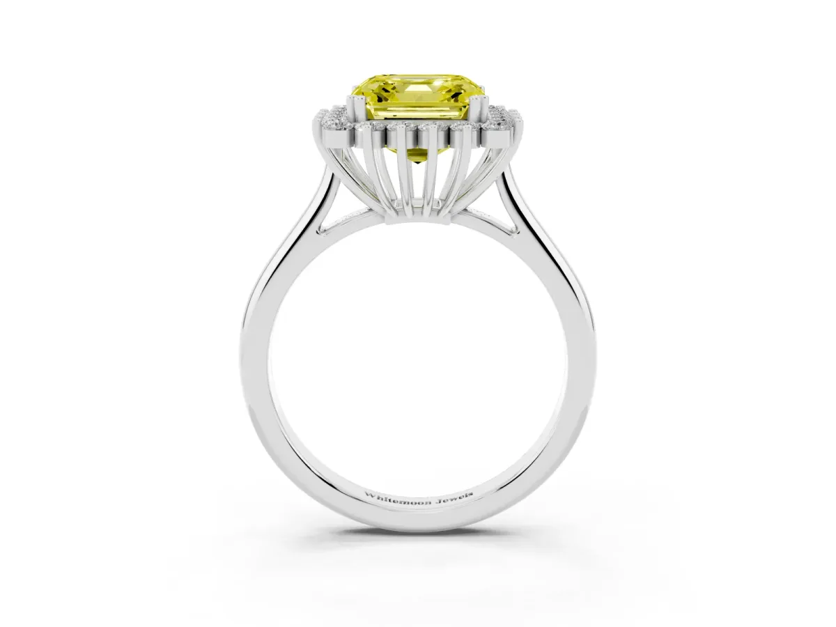 Fancy Yellow Asscher Cut Cut Diamond Halo Ring with Solitaire Band and Prong Setting White gold